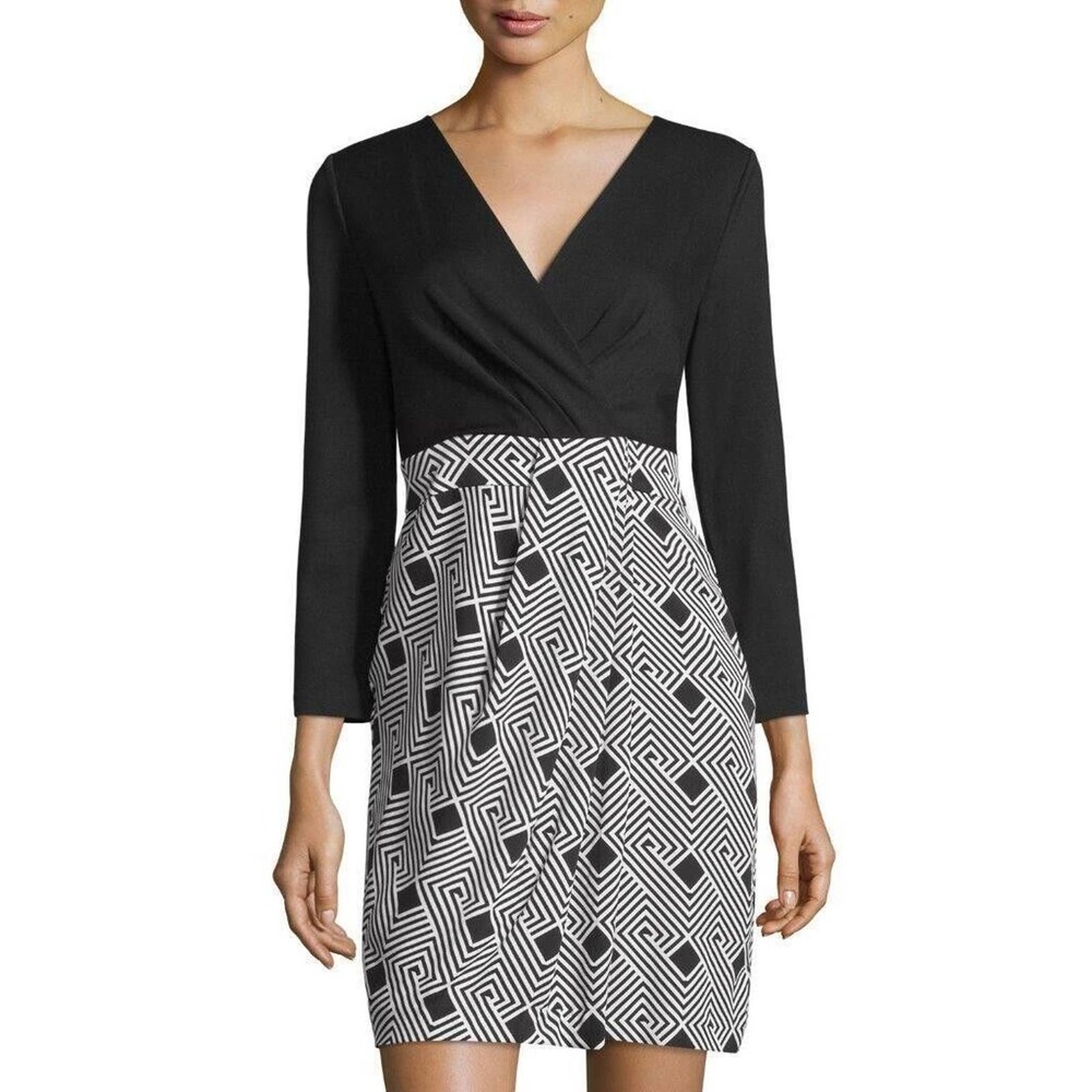 Diane Von Furstenberg Gianna Dress 8 Silk Black Cream Geo Stripe READ DESCRIPT
